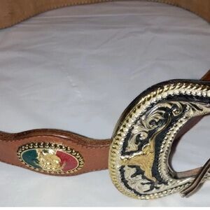 Brown Leather Women Western Belt SZ 34 Silver And Gold Buckle With Mexican Flag